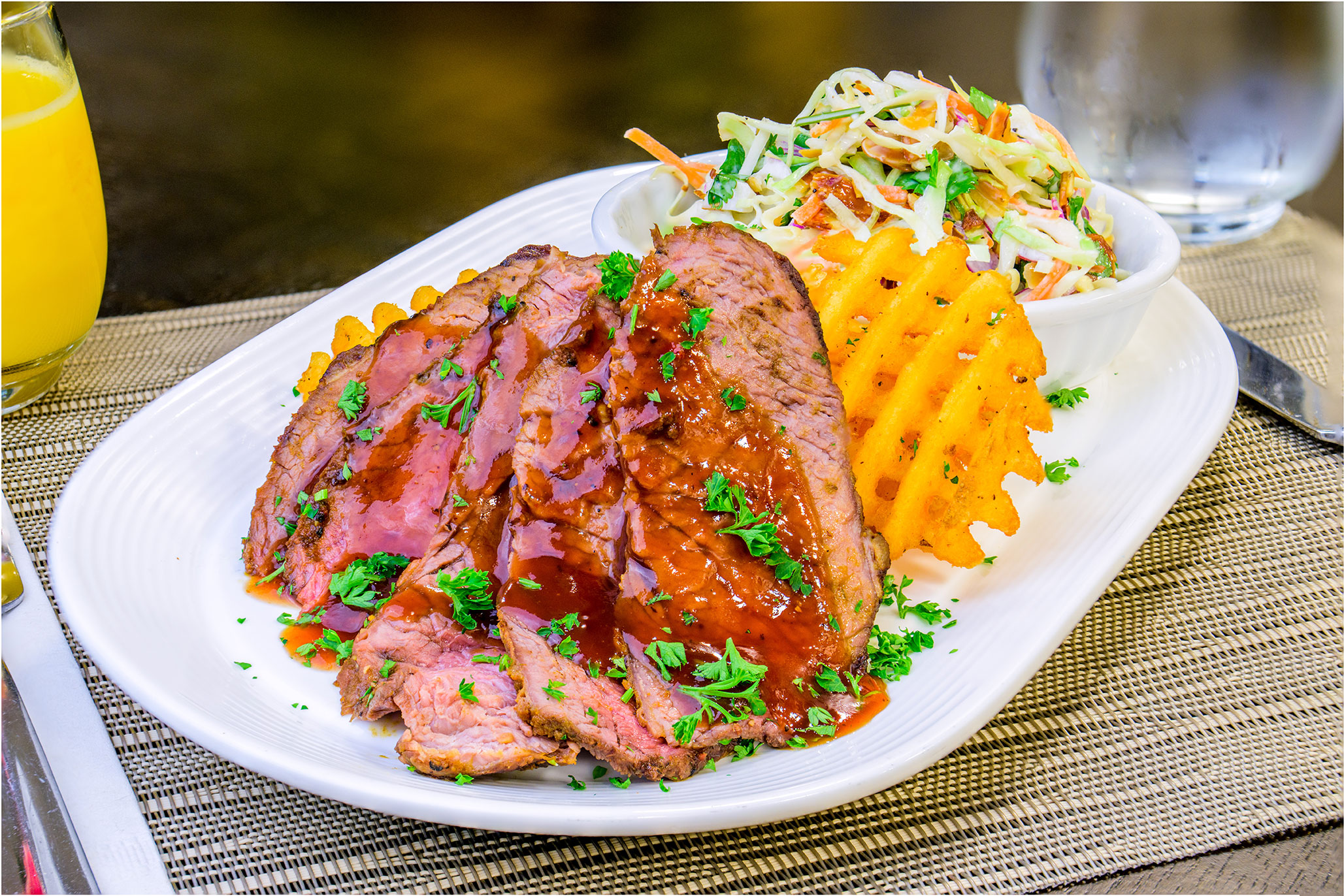 BBQ Tri Tip with Waffle Fries and Coleslaw